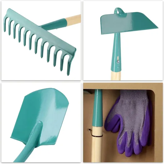 Lot de 4 Kit d'Outils de Jardinage Professionnel pour Femmes: Bêche, Râteau, Houe et Gants, La Solution Complète pour Une Gestion Efficace du Jardin
