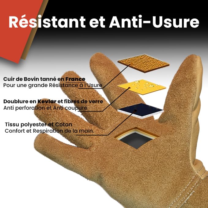 Gants ANTI COUPURE en Cuir Français - Doublure KEVLAR pour Protection Épines Ronces - Jardinage Industrie et Bricolage - Manipulation Barbelés ou Pièces Tranchantes - Certifié EPI L (9)