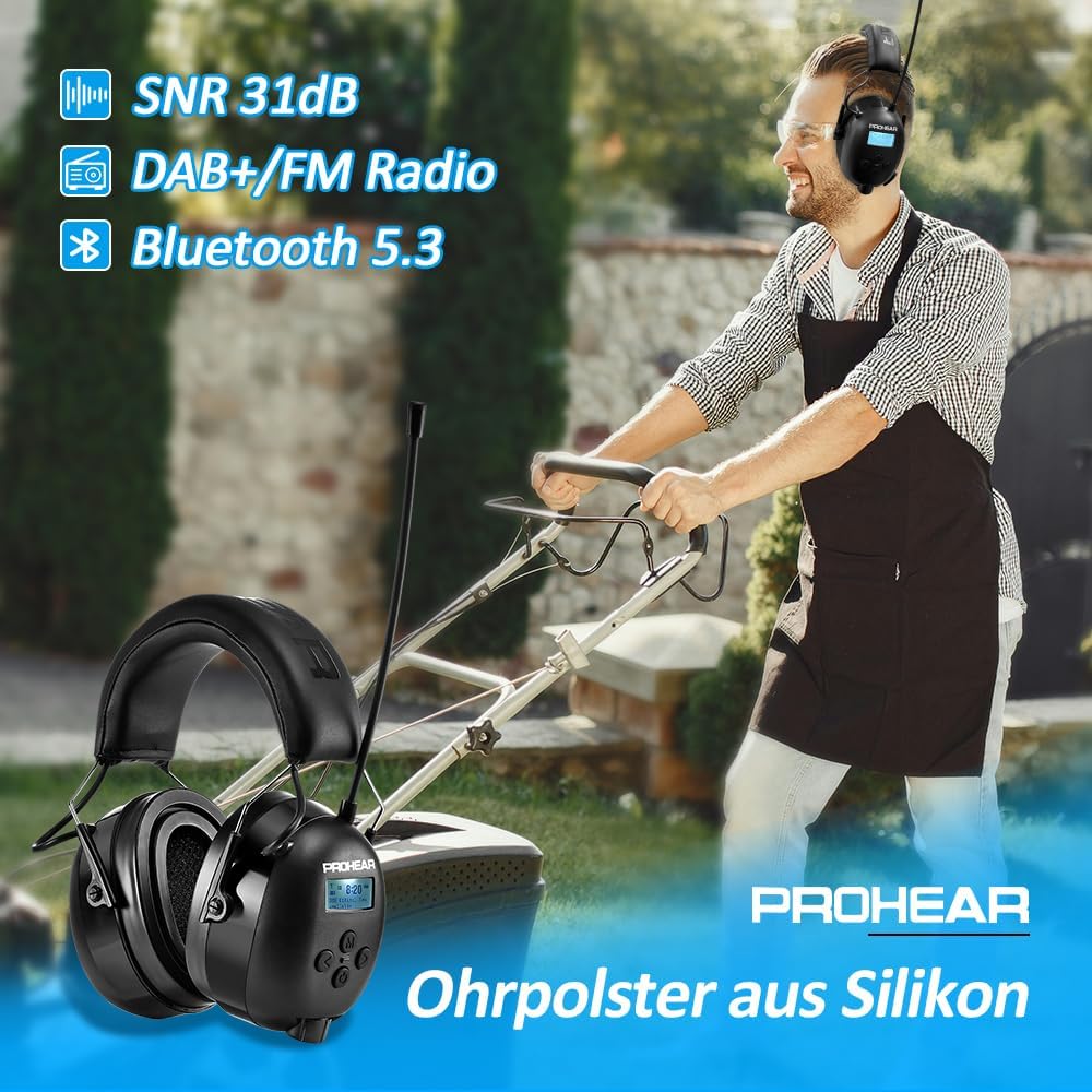 033A (mise à niveau) Protection auditive avec radio DAB +/Bluetooth/FM, casque avec radio avec microphone intégré et réduction du bruit Noir Gel