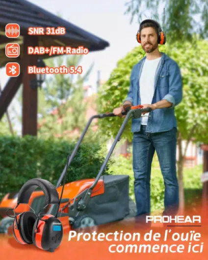 033A Casque Anti Bruit Radio, DAB+/FM Radio et Bluetooth sans fil, Protection Auditive Electronique Rechargeable, SNR 31dB/NRR 25dB, Pdéal Pour Chantier, Atelier, Jardin et Tonte, Orange