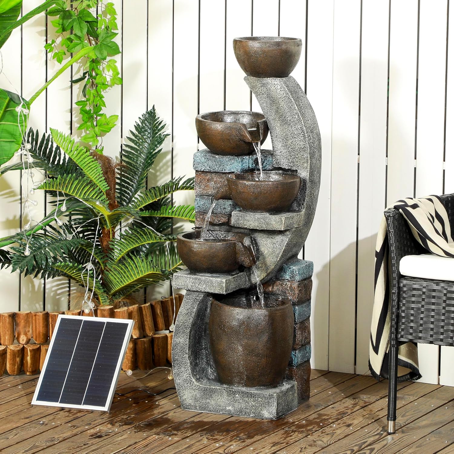 Fontaine d'eau extérieure 5 Niveaux, Fontaine de Jardin avec lumières LED, Panneau Solaire 3,7 KW, Pompe, débit de 450L/h, en résine, Gris et Marron
