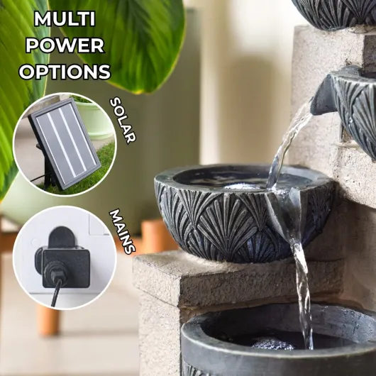 Fontaine de jardin hybride avec éclairage LED gris effet pierre 42 cm – Solaire, USB et alimentation enfichable, fontaine de jardin intérieur ou extérieur, fonction minuterie