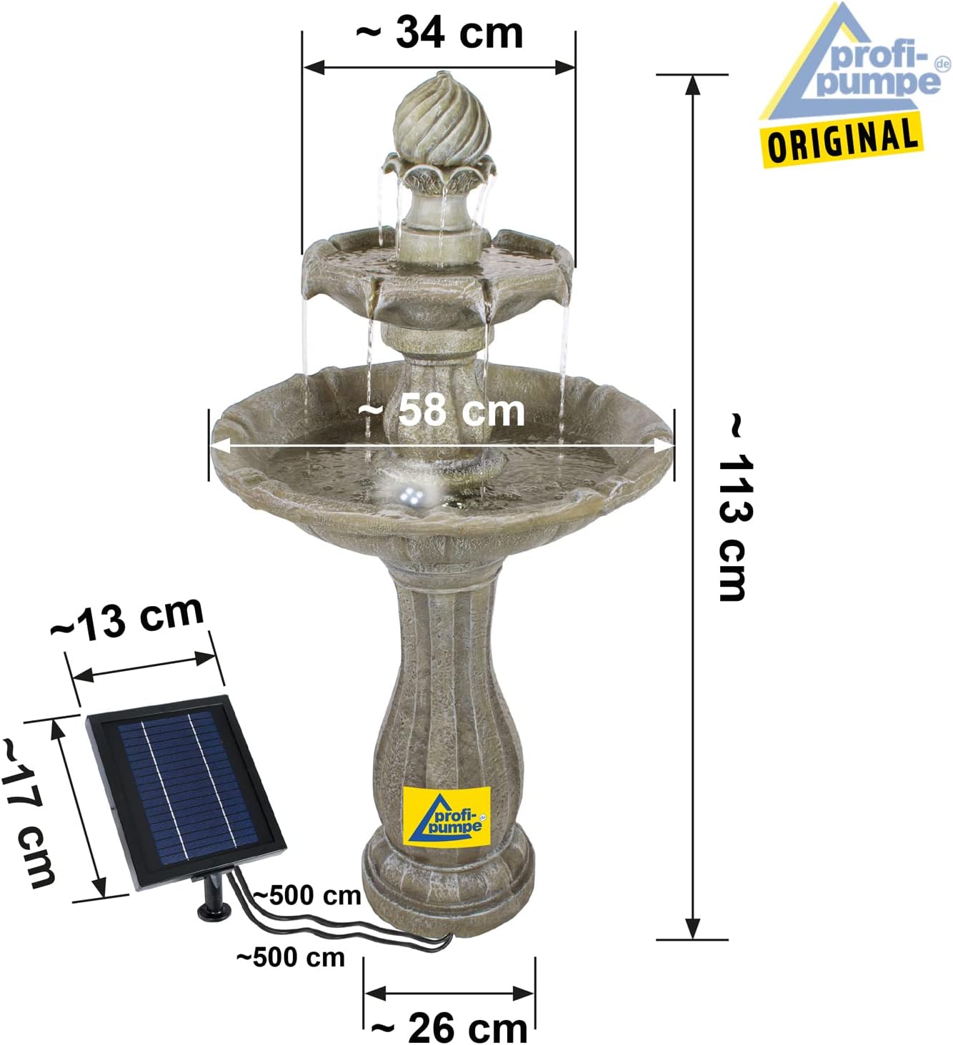 AMUR Fontaine de Jardin Solaire Classique 113 cm avec Batterie Li-ION et Lumière LED 7-SB02189-S5