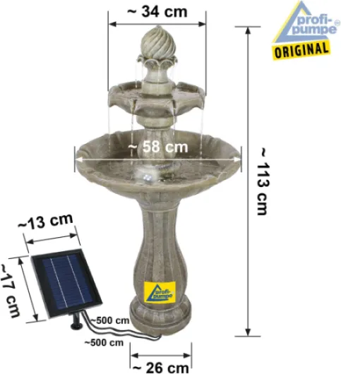 AMUR Fontaine de Jardin Solaire Classique 113 cm avec Batterie Li-ION et Lumière LED 7-SB02189-S5