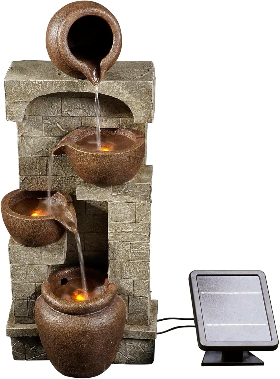 Fontaine de Jardin Cascade énergie Solaire Effet Pierre amphore Batterie et LED Marron Peaktop PT-SF0001