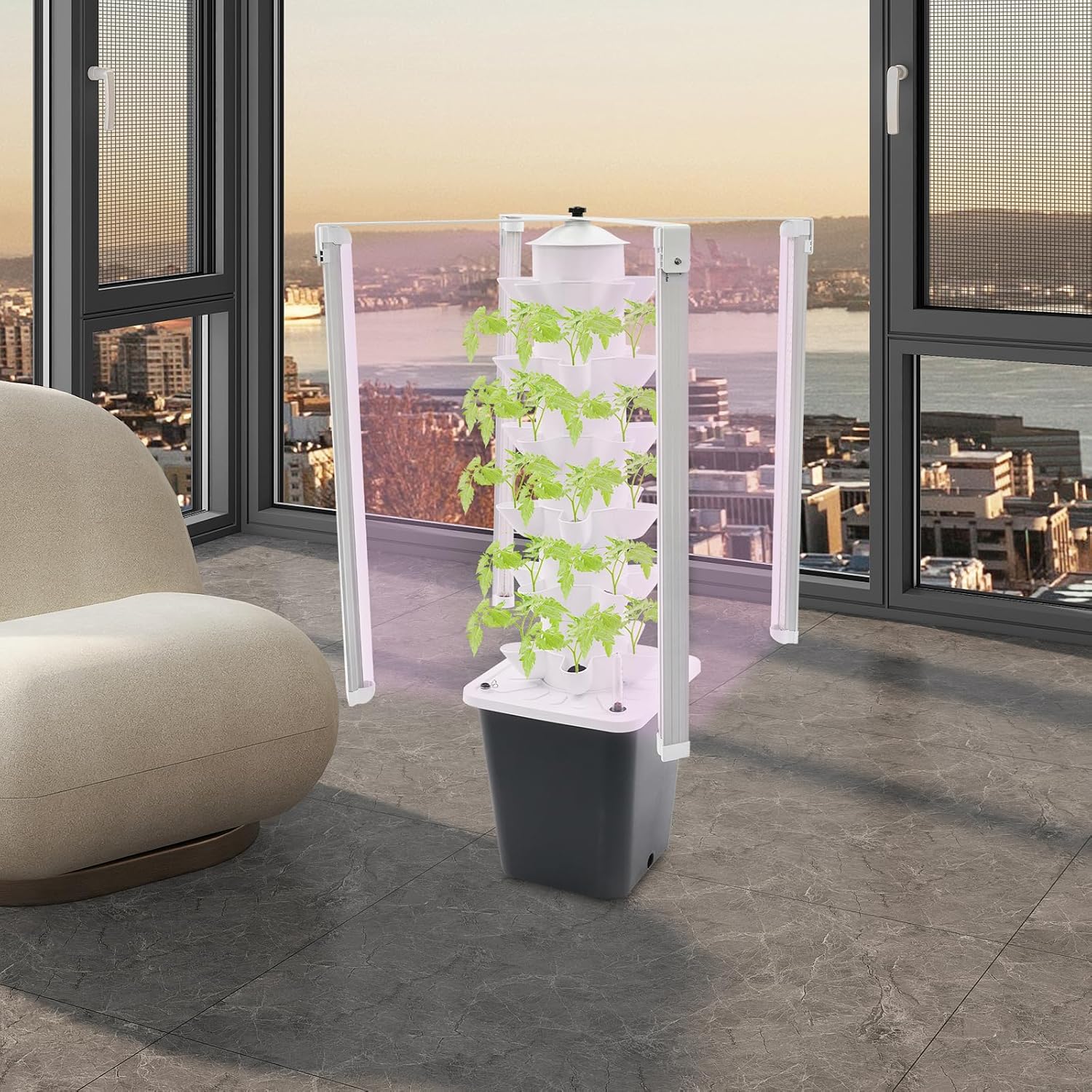 Kit de culture hydroponique, 6 étages, 30 trous, sans terre, tour hydroponique verticale avec lumière LED et réservoir d'eau, tour de plantation hydroponique pour herbes, fruits, légumes