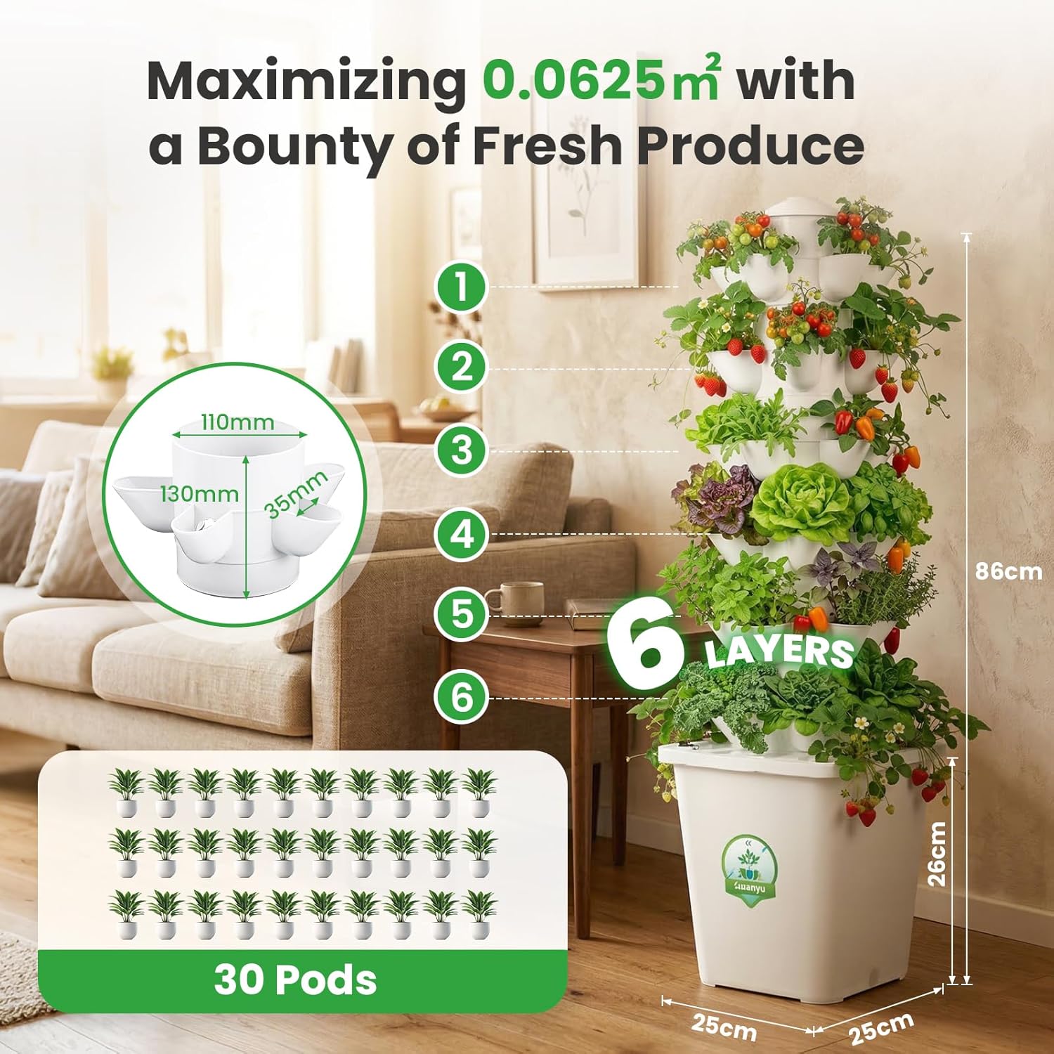 Système de Culture hydroponique 6 Couches 30 Pots Tour Verticale hydroponique avec minuterie Tour hydroponique de Jardin avec réservoir d'eau 10L Utilisation intérieure et extérieure