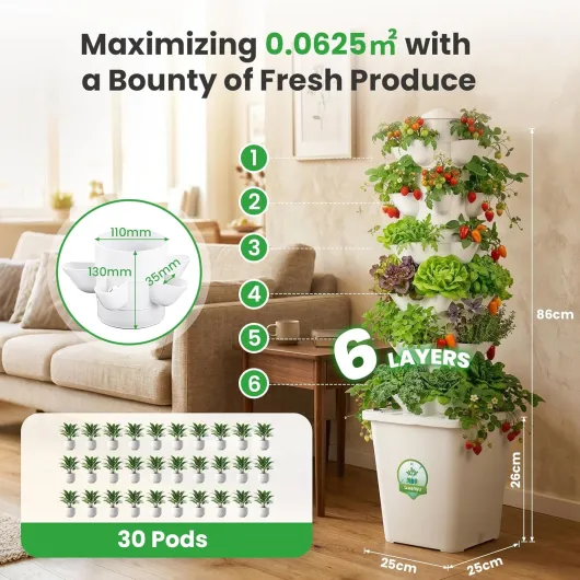 Système de Culture hydroponique 6 Couches 30 Pots Tour Verticale hydroponique avec minuterie Tour hydroponique de Jardin avec réservoir d'eau 10L Utilisation intérieure et extérieure