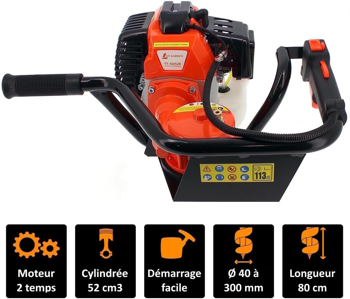 Tarière Thermique 52 cm3-3 CV + Lot de 3 mèches (100, 200 et 300 mm)