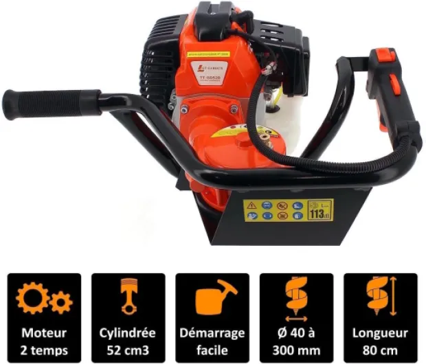 Tarière Thermique 52 cm3-3 CV + Lot de 3 mèches (100, 200 et 300 mm)
