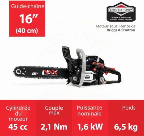 POWER PRODUCTS 300C moteur 45 cm3 1,6 kW guide 16" 40 cm Briggs & Stratton produit sous licence tronçonneuse système anti-rebond Low Kickback scie à chaîne thermique NAX300C