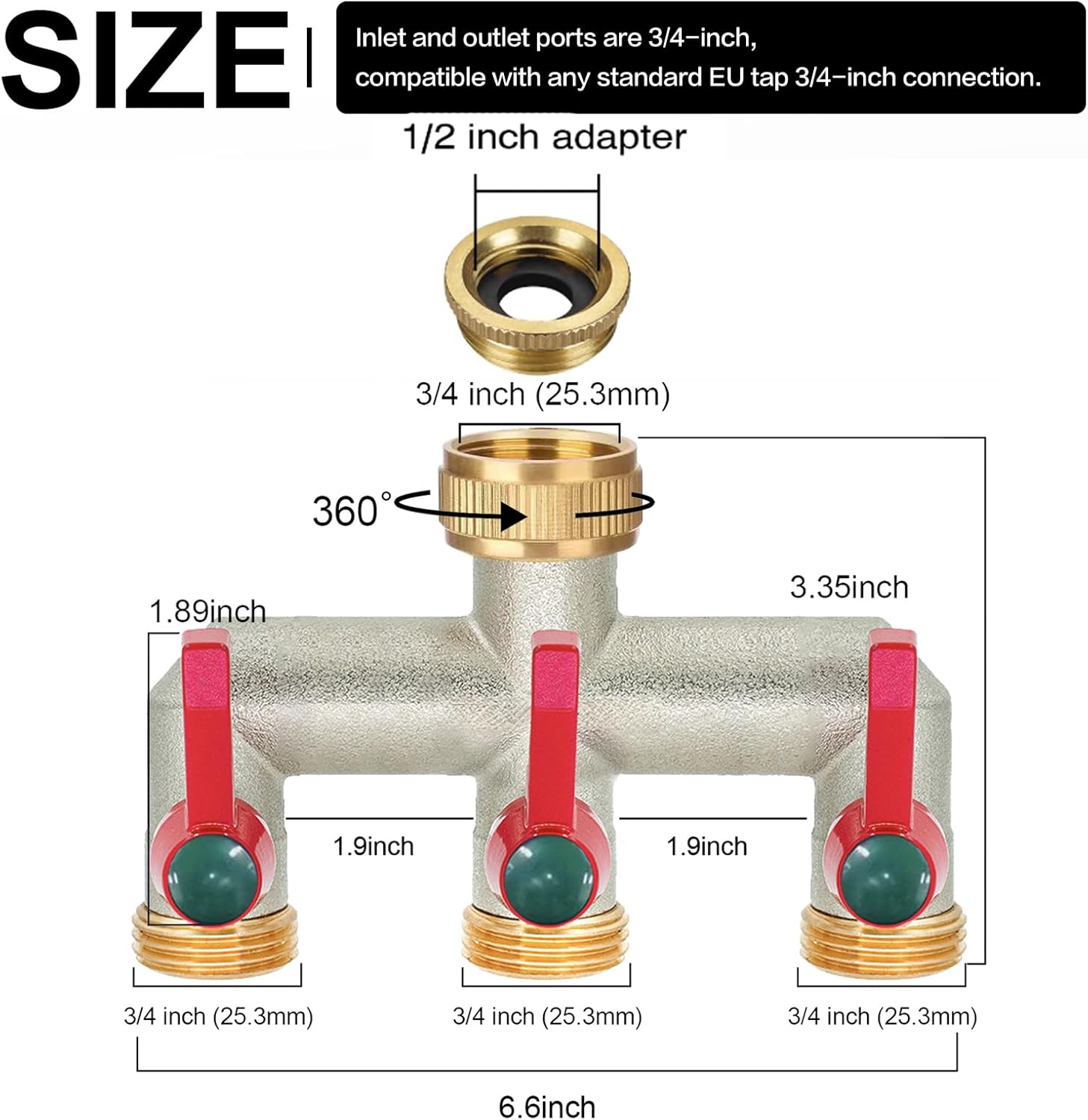 Répartiteur de Tuyau d'arrosage en Laiton, répartiteur de Robinet 1/2" et 3/4", connecteur de Robinet 3 Voies avec vannes Marche/arrêt et poignée étendue, Adaptateur de Robinet 3-Way Distributor