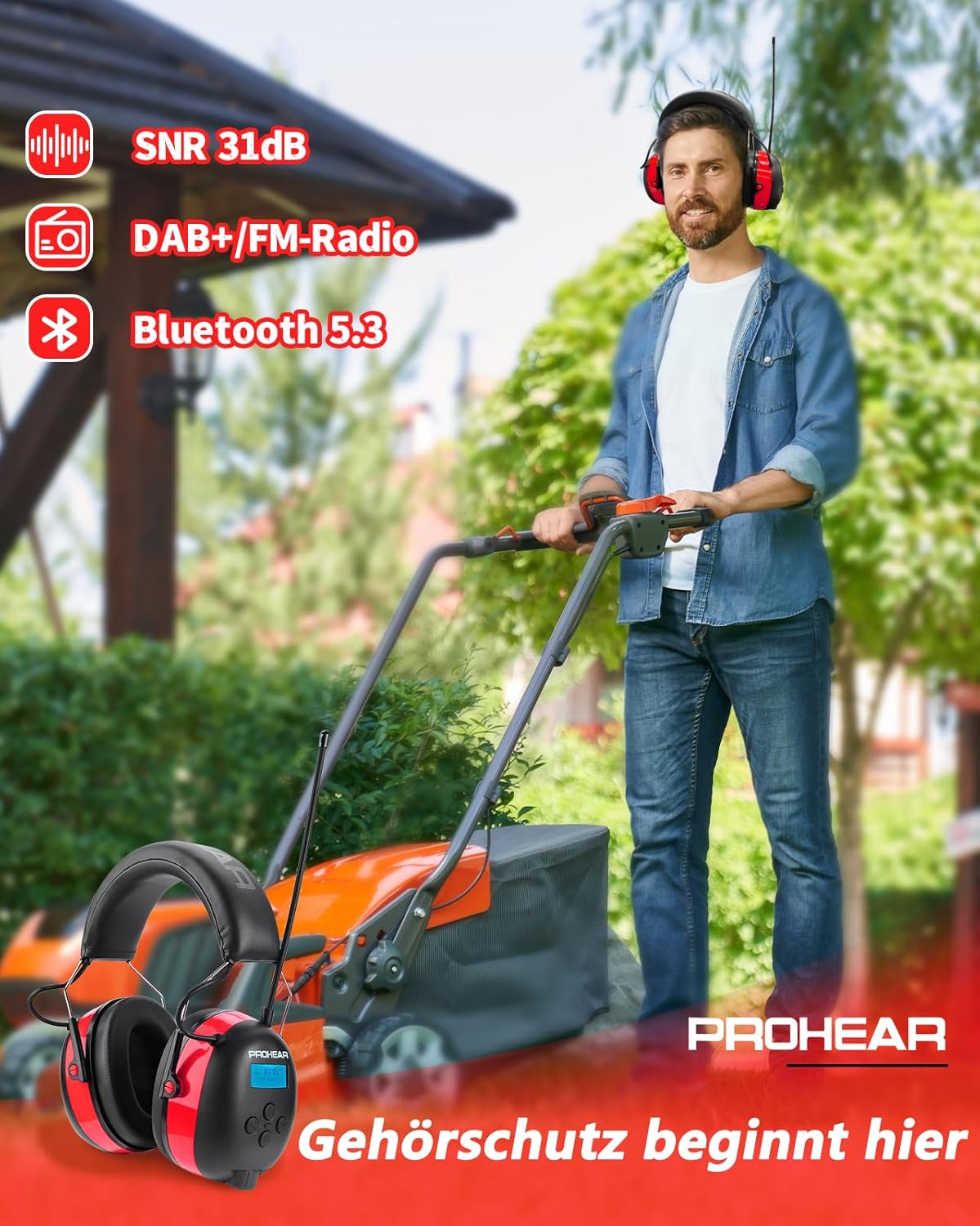 033A Casque Anti Bruit Radio, DAB+/FM Radio et Bluetooth sans fil, Protection Auditive Electronique Rechargeable, SNR 31dB/NRR 25dB, Pdéal Pour Chantier, Atelier, Jardin et Tonte,Rouge