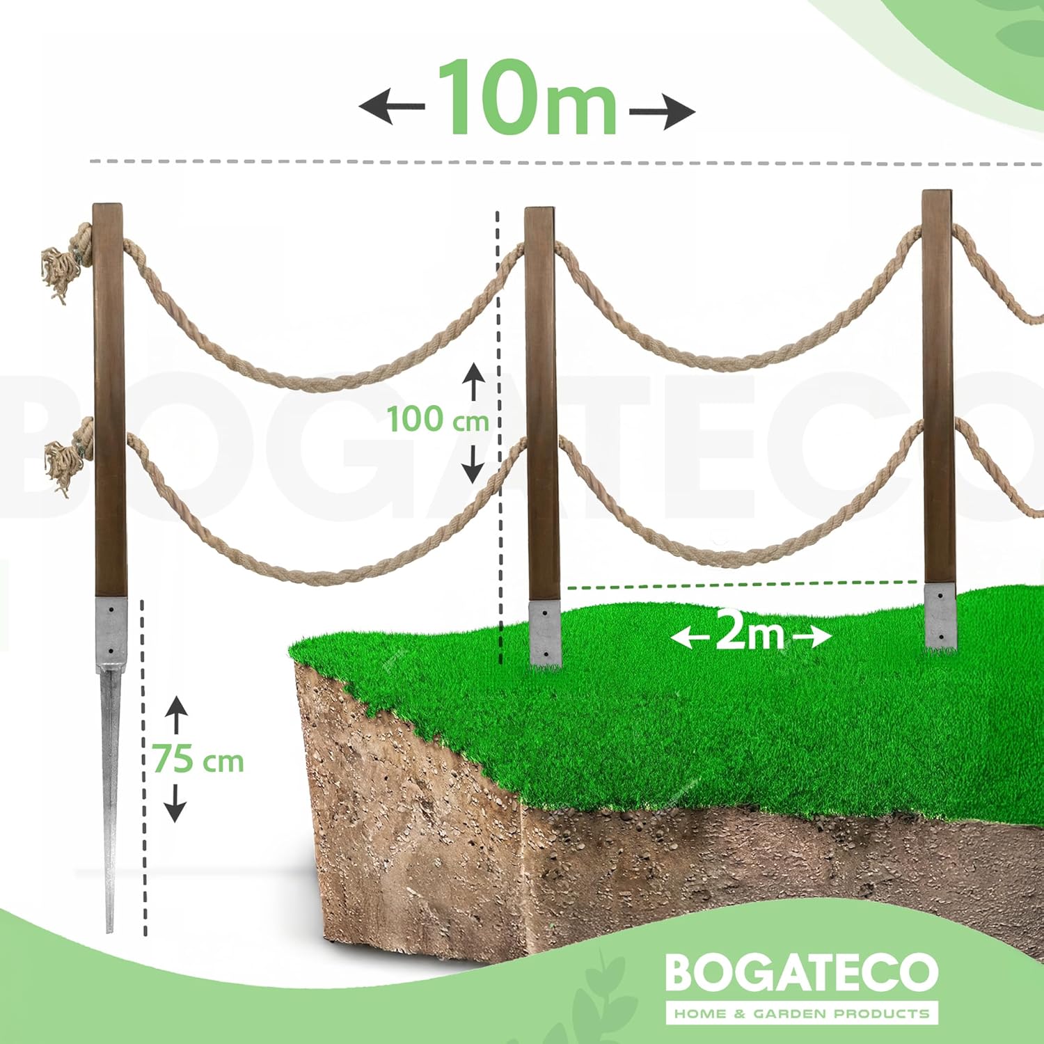 Clôture en bois double de 10 m - Kit complet de barrière avec corde de jute de 30 mm et poteaux en bois - Bois imprégné avec douilles à enfoncer pour le sol - Marron foncé 10M Marron Foncé
