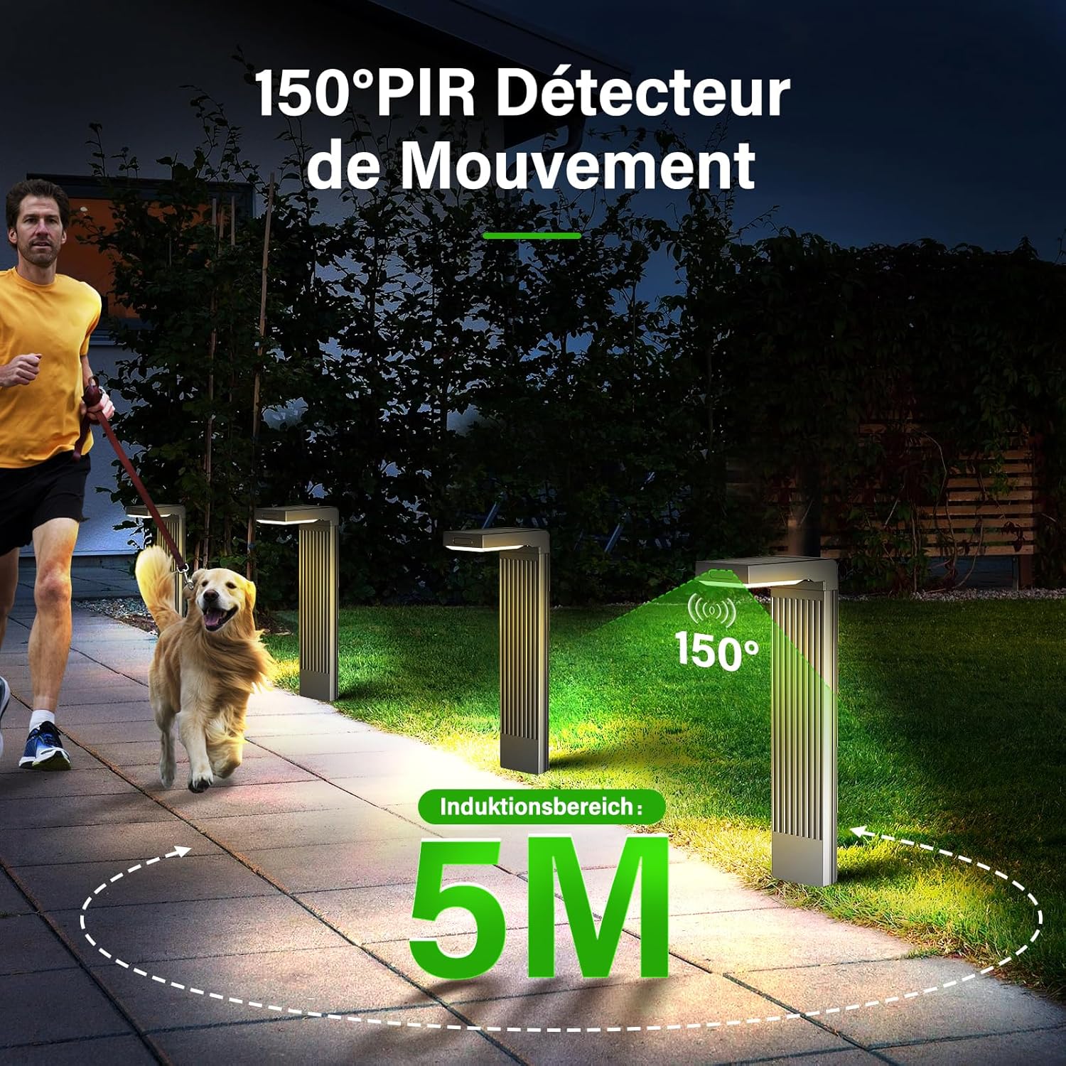 Lot de 4 Lampes Solaires Extérieur avec Détecteur de Mouvement, 400LM Jardin LED à 2 Températures de Couleur (3000K/6500K), IP65 Étanche pour Cour, Allée, Entrée de Garage