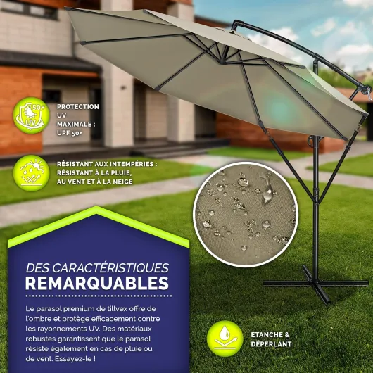 Tillvex Parasol déporté hexagonale 3M avec manivelle - Pare-soleil avec pied - Protection UV en aluminium pour le jardin - Parasol à manivelle pour le marché déperlant 300 cm Taupe