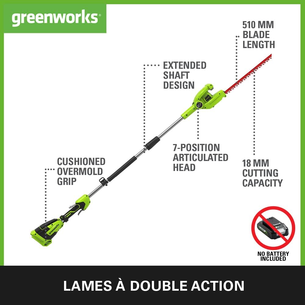 G40PHA Taille-Haie à Batterie sur Perche, Lames Double Action 51 cm, Coupe jusqu'à 18 mm Épaisseur Branche, Tête Pivotante 125°, 3000 tr/min SANS Batterie 40V ni Chargeur, Garantie de 3 Ans sans batterie ni Chargeur