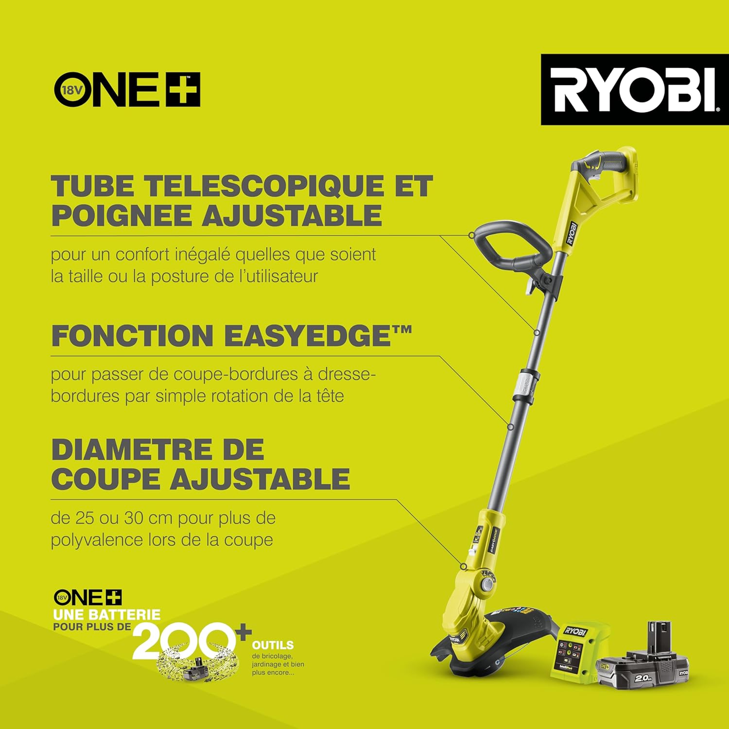 Coupe-Bordures sans Fil 18V One+ RLT1832-20S – Coupe Ø25-30 cm, Batterie 2Ah + Chargeur Inclus Hauteur Télescopique, Mode Dresse-Bordure, Idéal pour Bordures, Massifs et Talus Ø 30 cm 1 x 2Ah