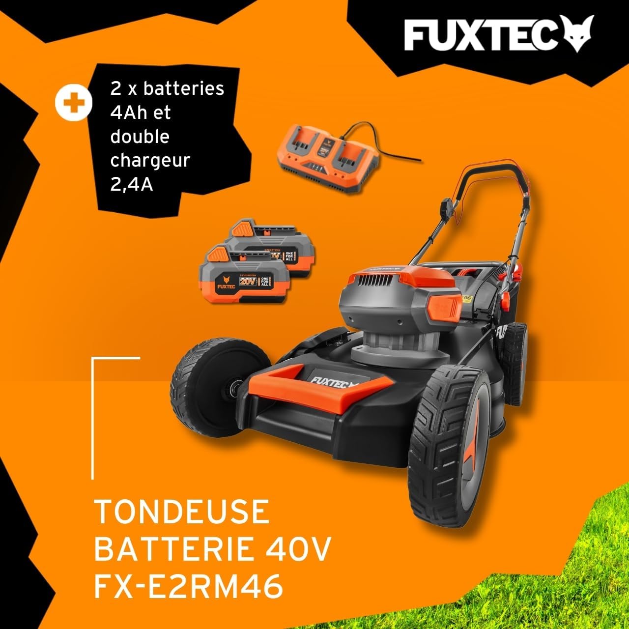 Tondeuse à Gazon sans Fil 40V FX-E2RM46 • Autotractée avec 2 Batteries 4Ah et Double Chargeur • Coupe 46 cm • Mulching et Éjection Latérale • Bac 50L • Hauteur de Coupe 25–75 mm 46 cm - 2 batteries + chargeur - Autotractée