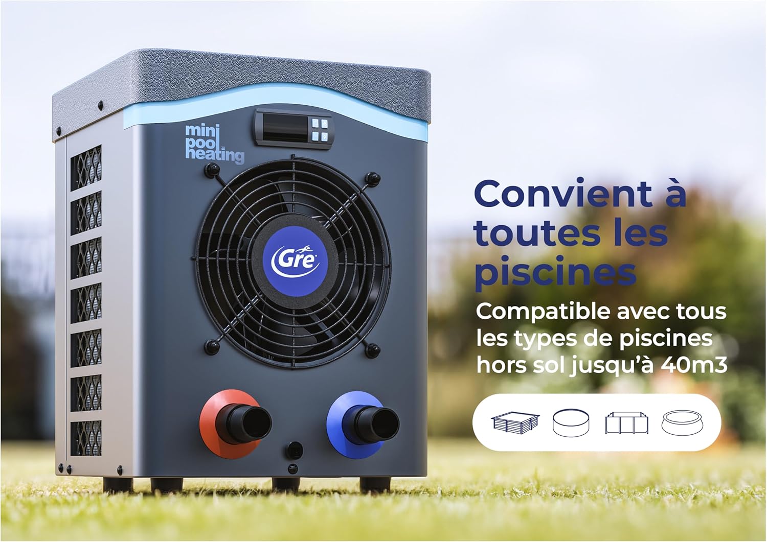 HPM20 - Mini pompe à chaleur pour piscines hors-sol jusqu'à 20 m³, chauffage pour piscines hors-sol - Couleur grise 20 m3