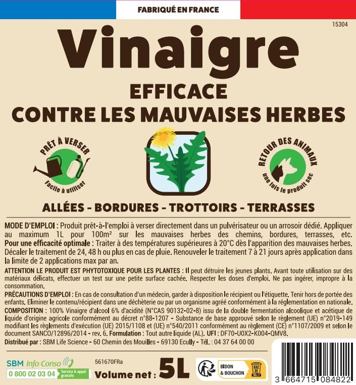 Vinaigre Désherbant - Prêt à Verser - Grand Format - 5L - Mauvaises Herbes - Allées Bordures Terrasses Trottoirs - Substance Naturelle - Jardin - VINPAV5