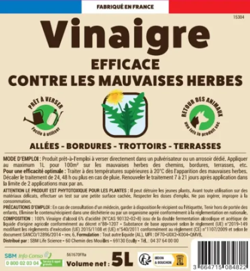 Vinaigre Désherbant - Prêt à Verser - Grand Format - 5L - Mauvaises Herbes - Allées Bordures Terrasses Trottoirs - Substance Naturelle - Jardin - VINPAV5