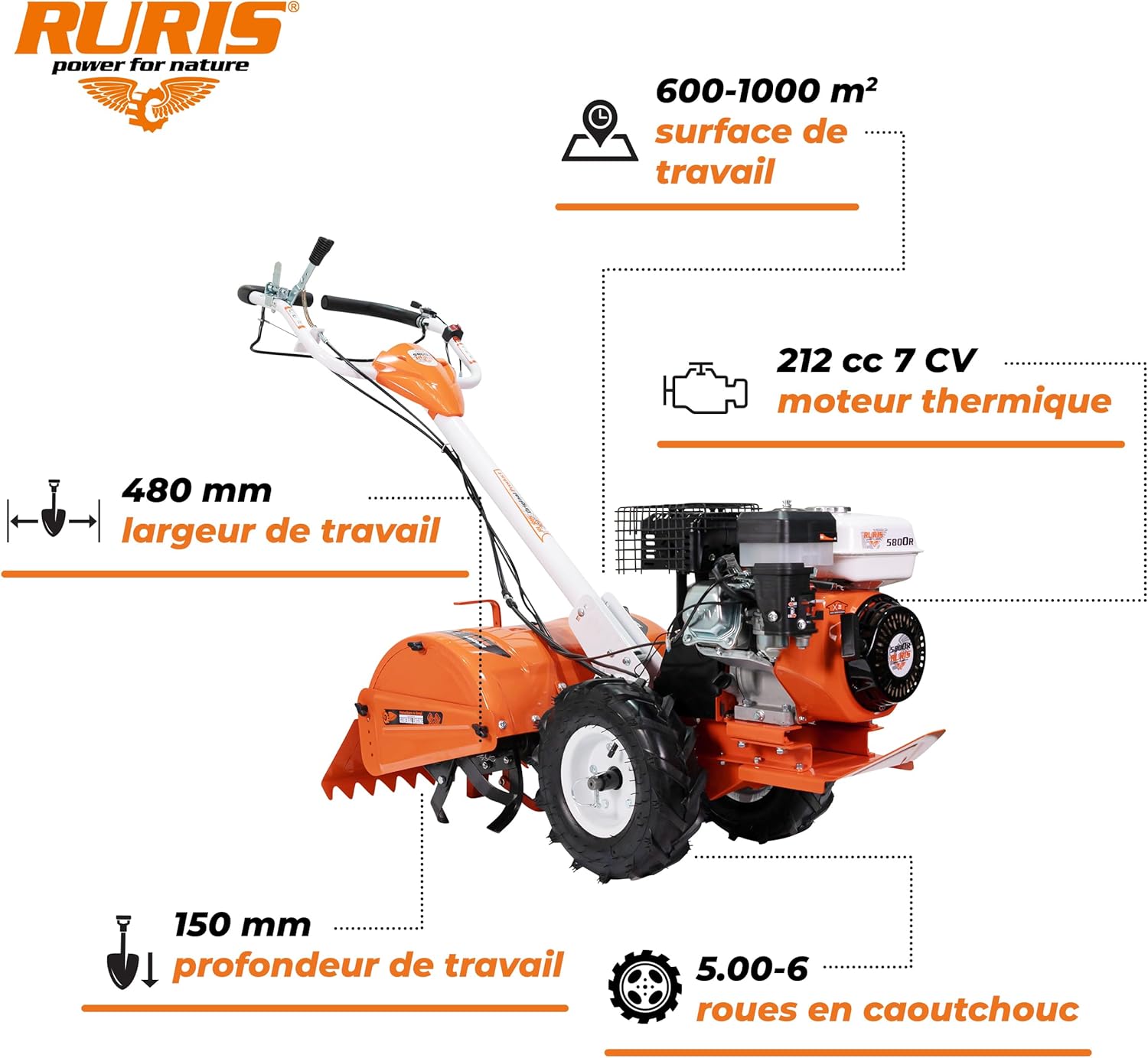 RURIS 5800r, Motobineuse Rotofraise Arriere de 480mm, Ideale pour des Serres et Solariums, Orange Motobineuse Thermique 5800FR 7CV, 48 cm largeur