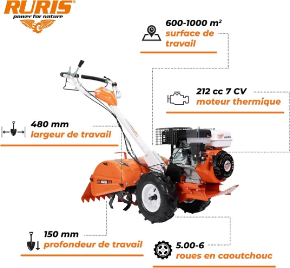 RURIS 5800r, Motobineuse Rotofraise Arriere de 480mm, Ideale pour des Serres et Solariums, Orange Motobineuse Thermique 5800FR 7CV, 48 cm largeur