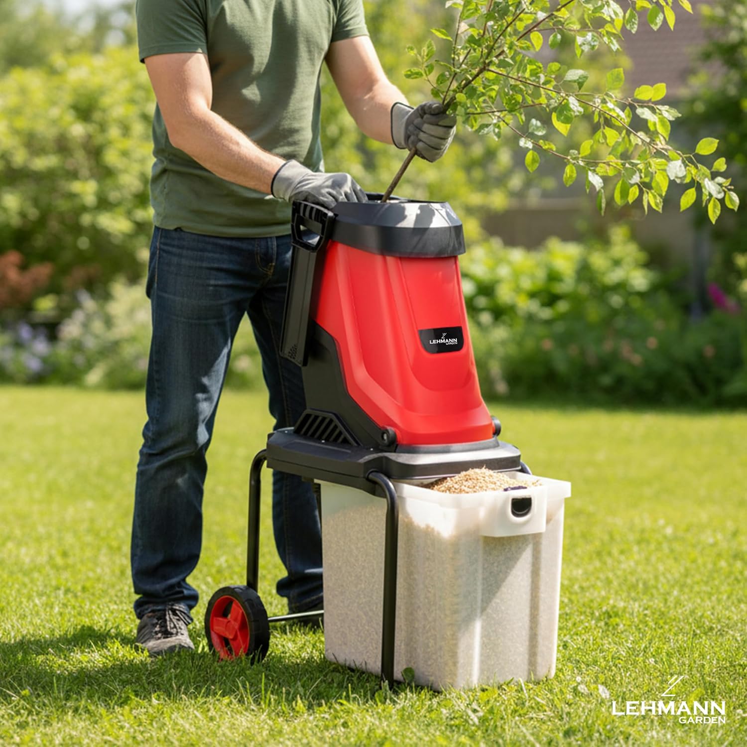 Broyeur Végétaux Électrique 3000 W, pour Branches jusqu'à 45 mm, Châssis robuste, Roues et Bac 50 L, Accessoires - Lunettes de Protection et Sécateur, Interrupteur de sécurité
