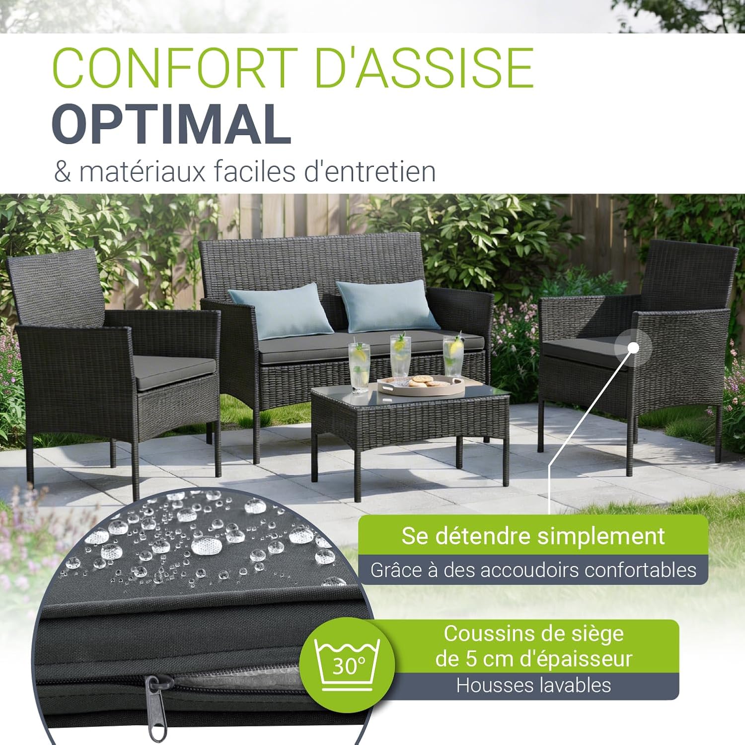 Ensemble de Meubles en polyrotin Fort Myers 4 Personnes avec canapé 2 Places, 2 chaises, Table et Coussins d'assise mobilier de Jardin r- Couvertures Noires et Gris foncé, Milieu