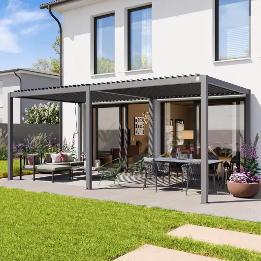 PRIMEYARD Pergola 3x6 m poteaux en Aluminium avec Lames orientables en Acier pavillon Gris Gris 3x6 m