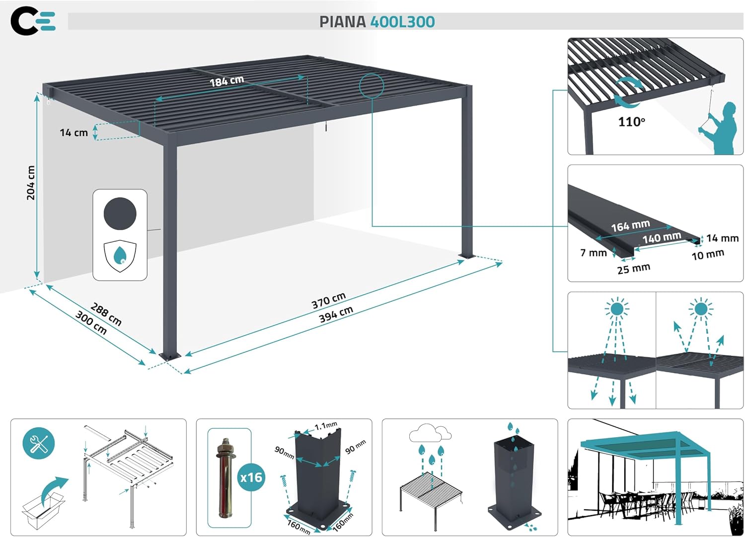 Pergola Bioclimatique Adossée Piana 394x298 cm 4x3 m 12 m² Aluminium Gris Anthracite Lames Acier Orientables Terrasse Protection UV Résistant Vent 70 km/h Rotation 110° Structure RAL 7016 Gris Adossée 4x3 m