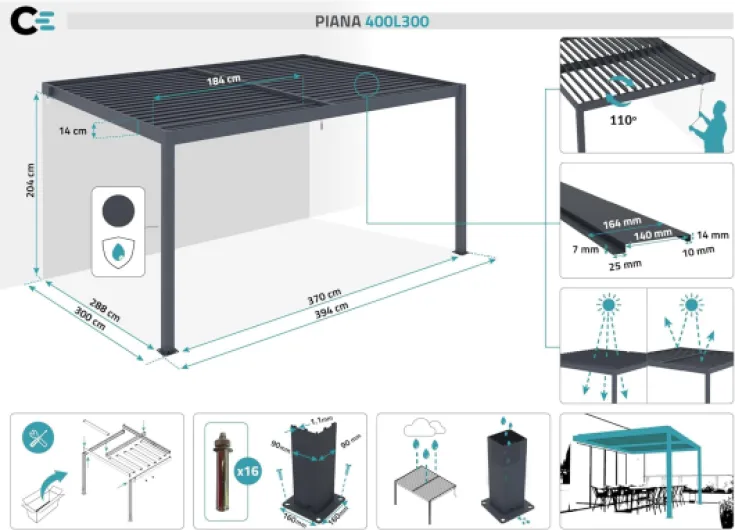Pergola Bioclimatique Adossée Piana 394x298 cm 4x3 m 12 m² Aluminium Gris Anthracite Lames Acier Orientables Terrasse Protection UV Résistant Vent 70 km/h Rotation 110° Structure RAL 7016 Gris Adossée 4x3 m