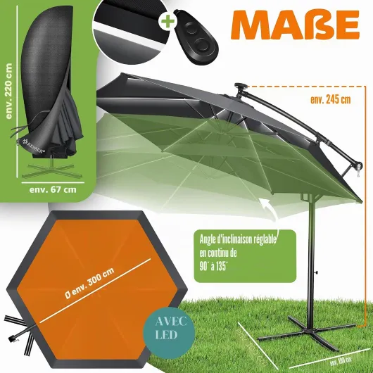 KESSER Parasol solaire LED en aluminium - Diamètre 300 cm - Télécommande, housse, cordes de sécurité - Manivelle, support - 360 ° - Protection UV Anthracite 300cm