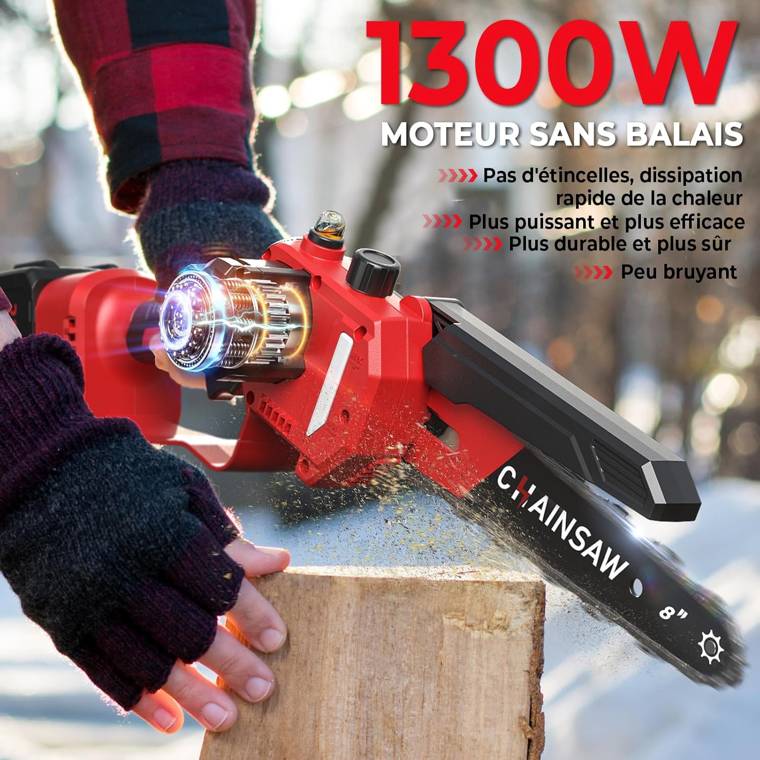 Mini Tronçonneuse à Batterie 6 et 8 Pouces, 1300W Brushless Tronconneuse Electrique Sans Fil pour Jardin, 8000mAh Tronçonneuse Elagueuse sur Batterie, D'huile Automatique, Compatible avec Makita 18V Red