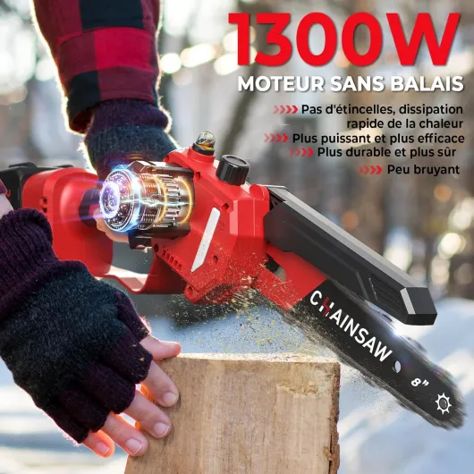Mini Tronçonneuse à Batterie 6 et 8 Pouces, 1300W Brushless Tronconneuse Electrique Sans Fil pour Jardin, 8000mAh Tronçonneuse Elagueuse sur Batterie, D'huile Automatique, Compatible avec Makita 18V Red