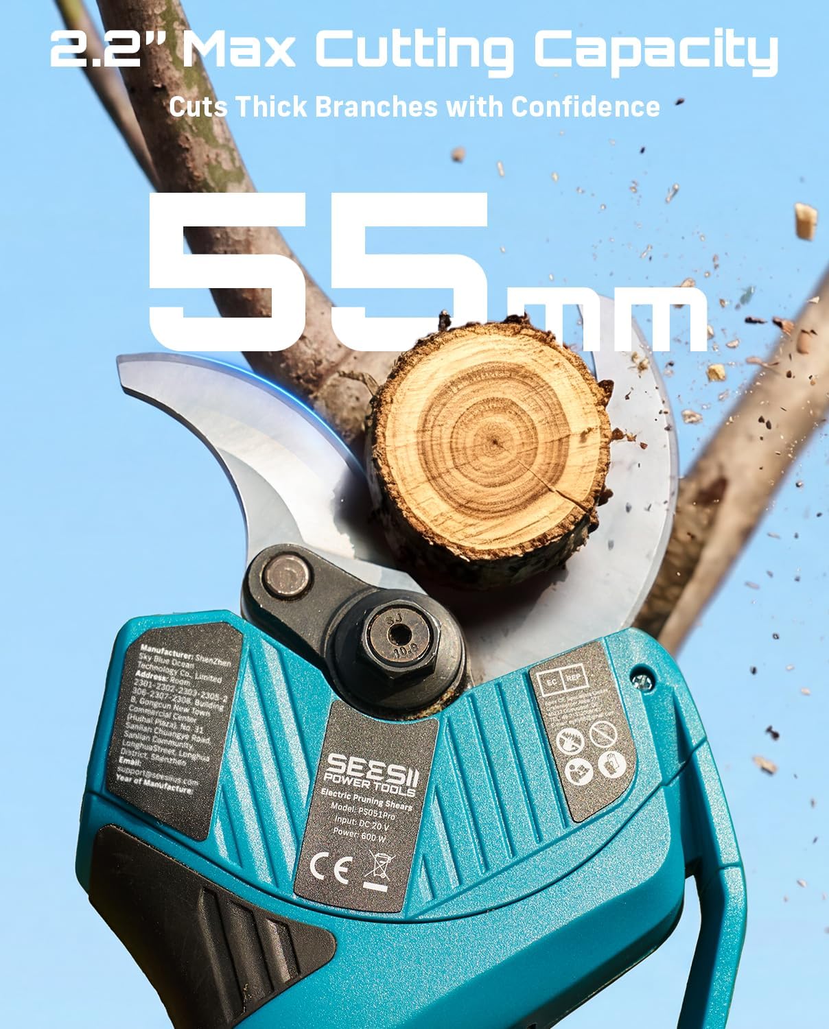 Secateur Electrique Sans Fil 55mm, 2x4.0Ah Batterie, Lame SK5 - Coupe Jusqu'à 55mm, Éclairage LED, Moteur Sans Balais, 4 Modes Coupe, Écran LCD, Idéal Pour Vergers Et Élagage Professionnel Bleu 55 mm