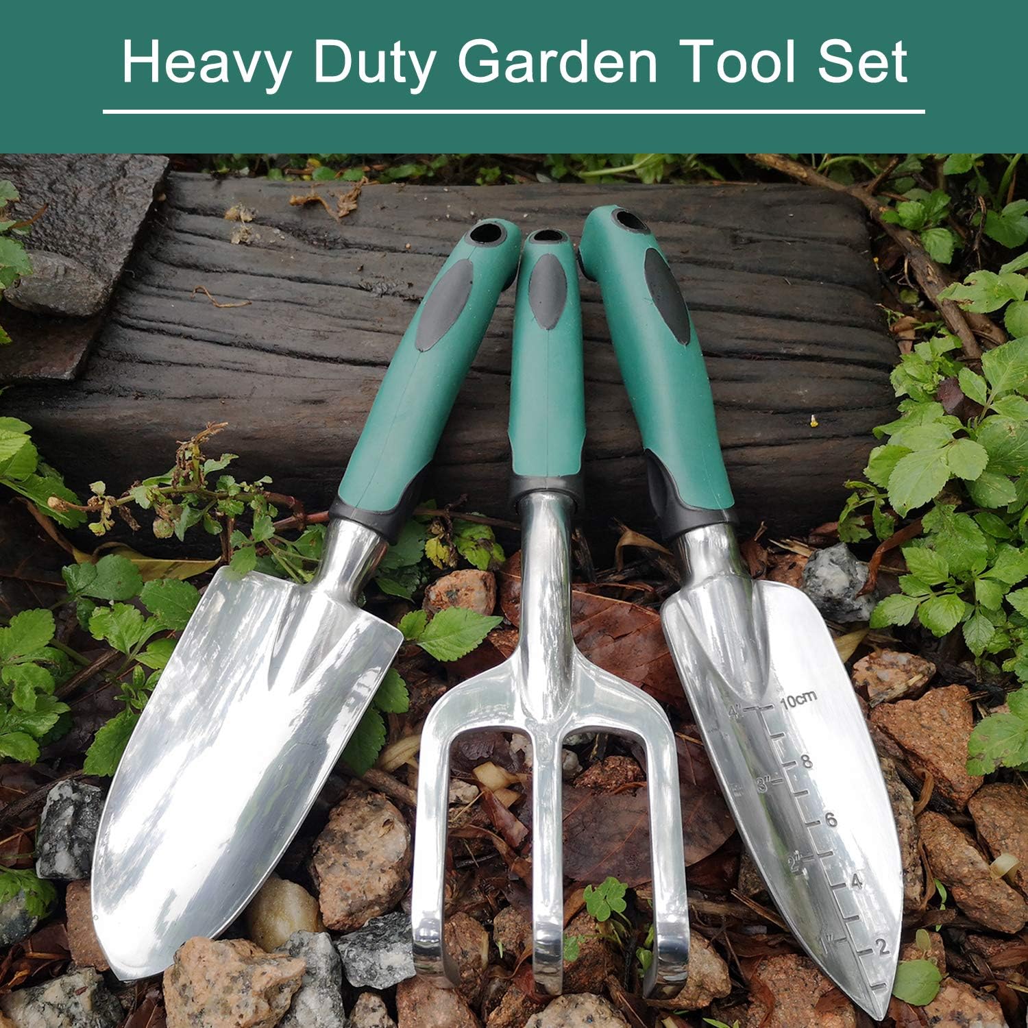 Outils de Jardinage, Trois pièces d’Outils de Jardinage Lourds moulés en Aluminium avec Une poignée antidérapante caoutchoutée, des Outils à Main de Jardin durables Cadeaux de Jardin Vert