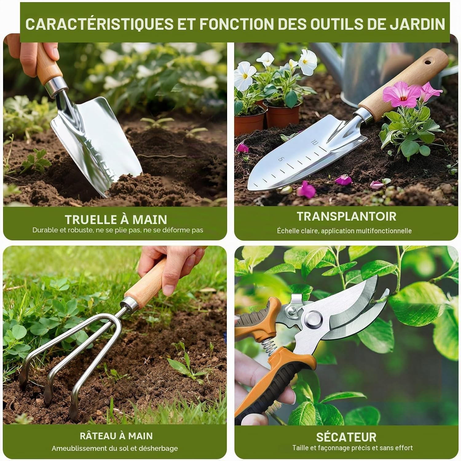Kit de Jardinage 9 Pièces, Ensemble Outils de Jardin en Acier Inoxydable avec Manches en Bois Ergonomiques - Idéal pour la Plantation, Désherbage et Rempotage, Cadeau Pratique pour Jardiniers 9PCS Stainless Steel Kit Jardinage