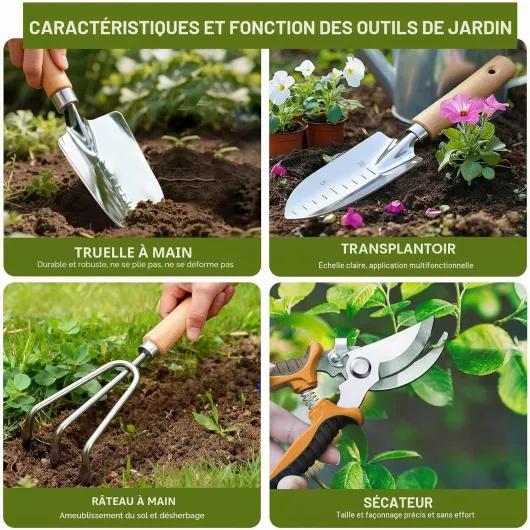 Kit de Jardinage 9 Pièces, Ensemble Outils de Jardin en Acier Inoxydable avec Manches en Bois Ergonomiques - Idéal pour la Plantation, Désherbage et Rempotage, Cadeau Pratique pour Jardiniers 9PCS Stainless Steel Kit Jardinage