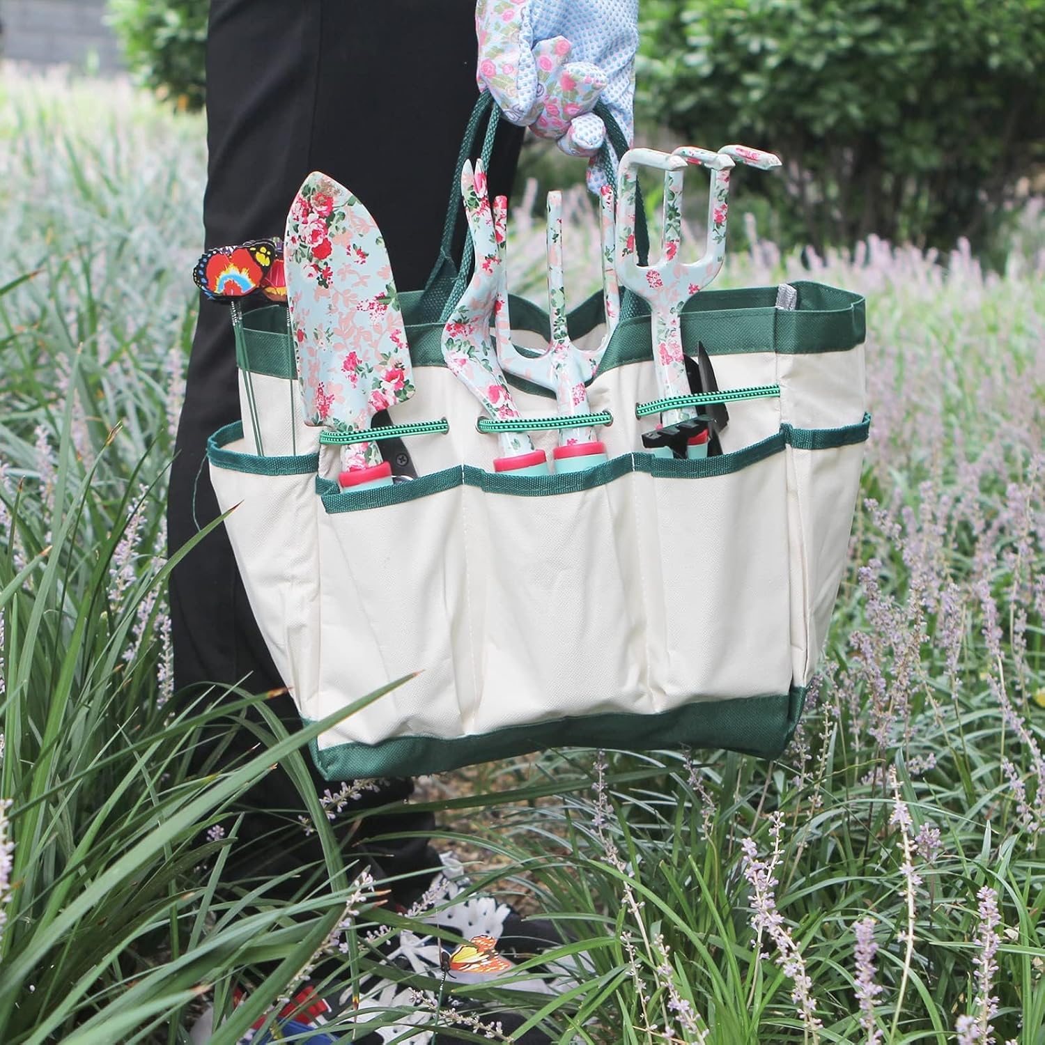 Ensemble Outils Jardinage,16 Pièces Floral Cadeaux D'outils à Main de Jardinage Cadeaux de Jardinage pour Femmes et Hommes, avec Sécateur et Fourre-Tout de Rangement à Très Grande Poignée