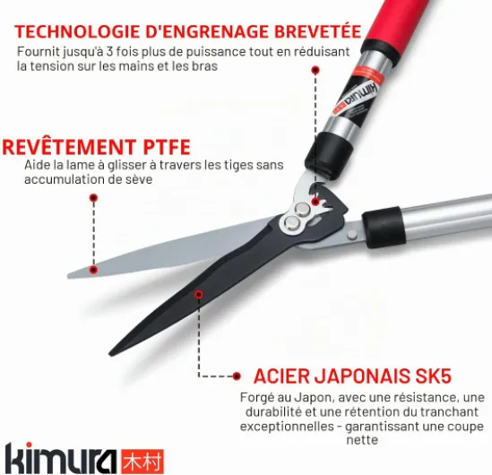 Cisailles de jardin Kimura Pro, cisailles à haies de qualité supérieure avec poignées en aluminium léger, lames japonaises tranchantes SK5, technologie brevetée, acier antirouille - 560 mm Professionnel 201