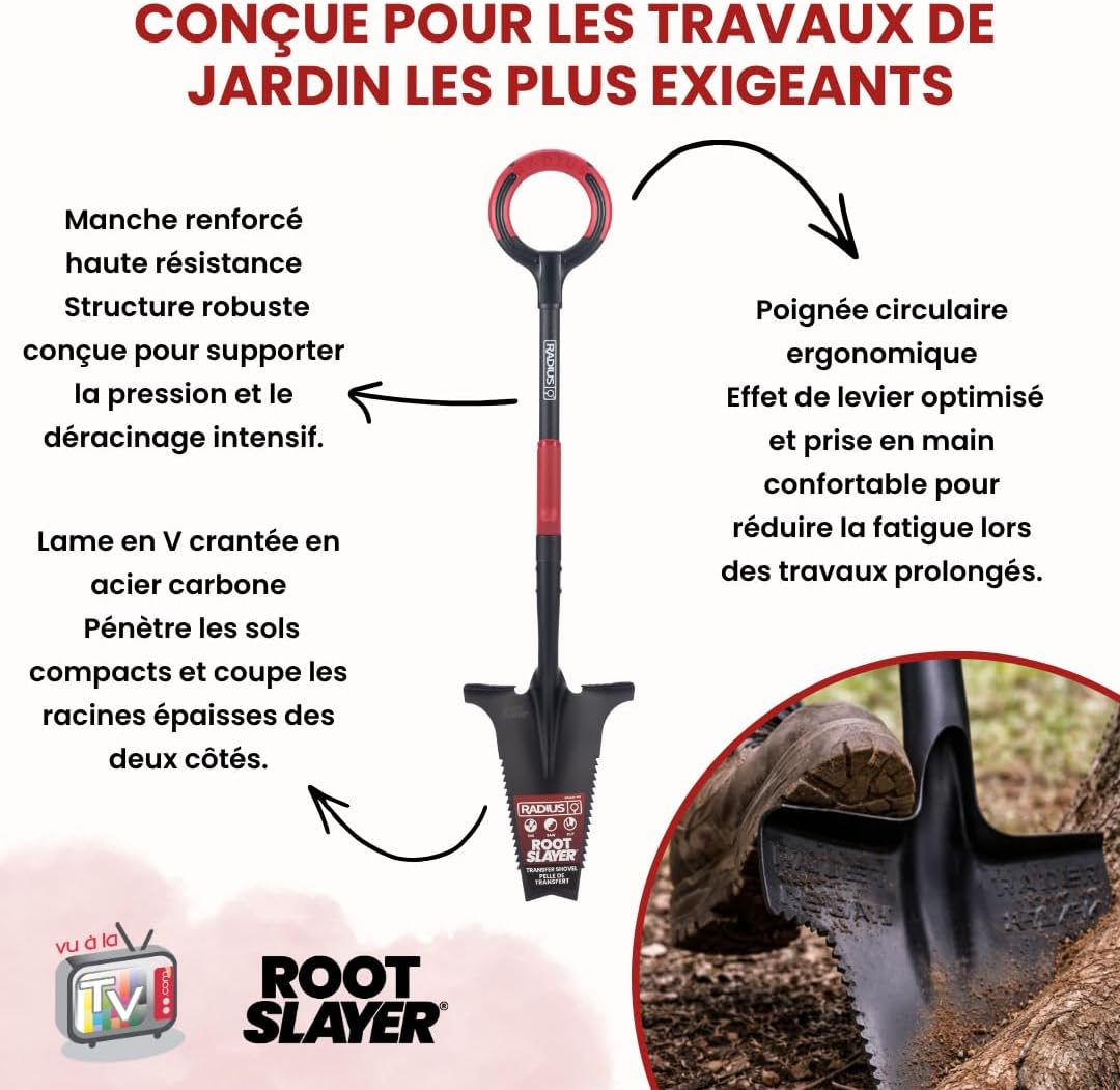Bêche Professionnelle Multifonctions RootSlayer - Pelle Acier Dents Crantées Ergonomique - Outillage de Jardin Sol Entretien Extérieur - Bêche Coupe Racine Profondeur - Travail Du Jardin
