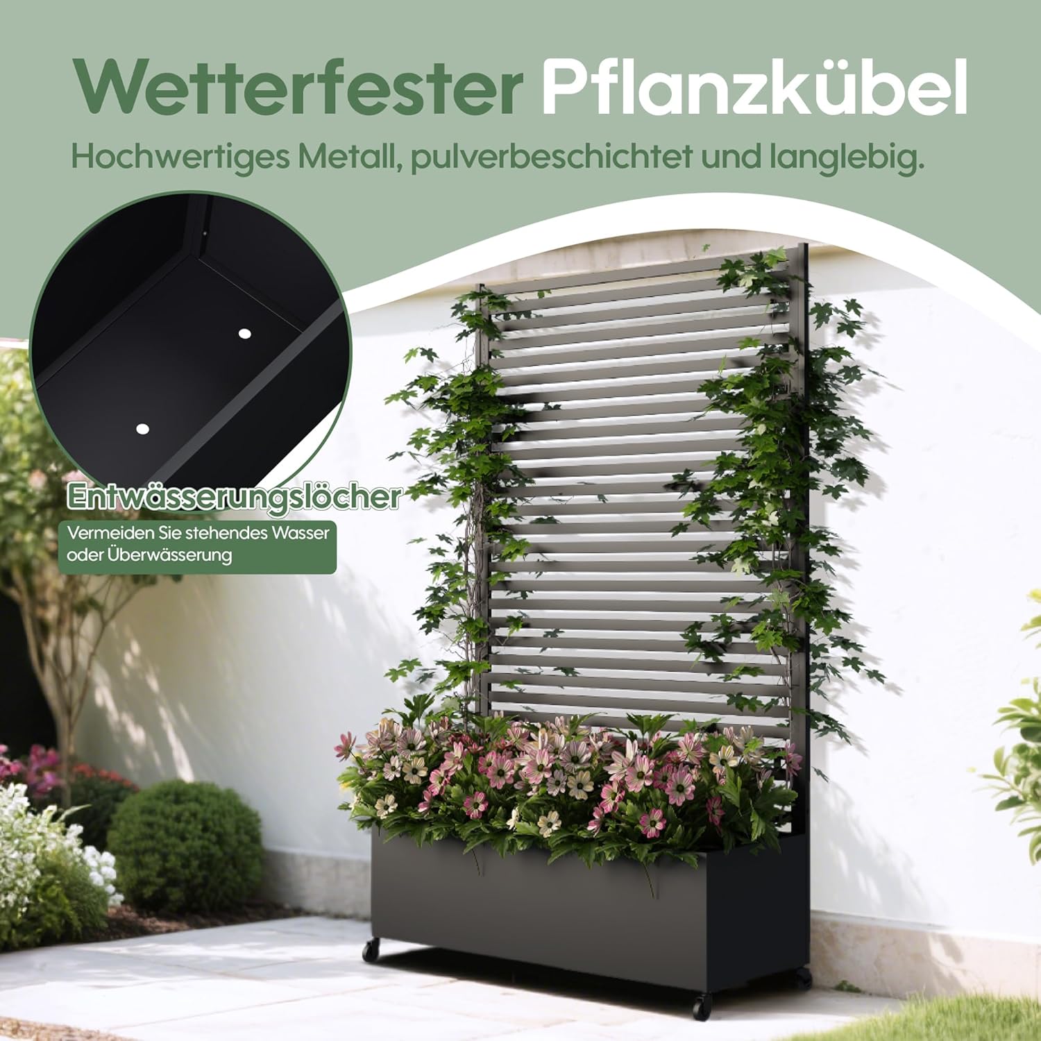 Jardinière d'extérieur en métal avec Treillis, jardinière surélevée en métal avec roulettes, jardinière autoportante avec Brise-Vue pour Jardin, terrasse et Balcon Noir