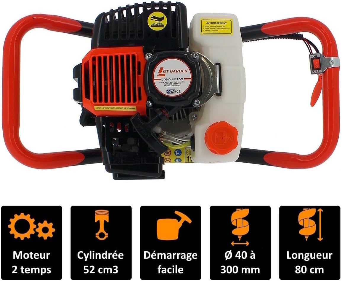 Tarière thermique 52 cm3, 3 CV + lot de 3 mèches (100, 200 et 300 mm)