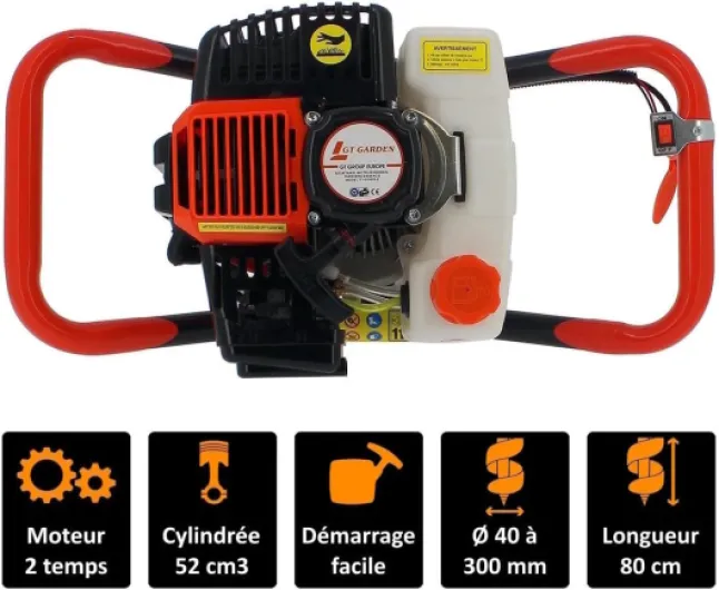 Tarière thermique 52 cm3, 3 CV + lot de 3 mèches (100, 200 et 300 mm)